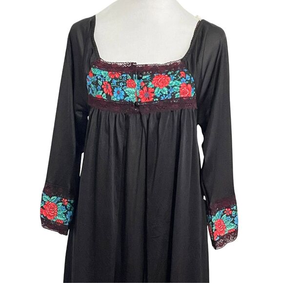 🎀 Vintage 70s Miss Diva Nightgown & Robe Set Black Floral Boho Glam Small - Picture 7 of 13